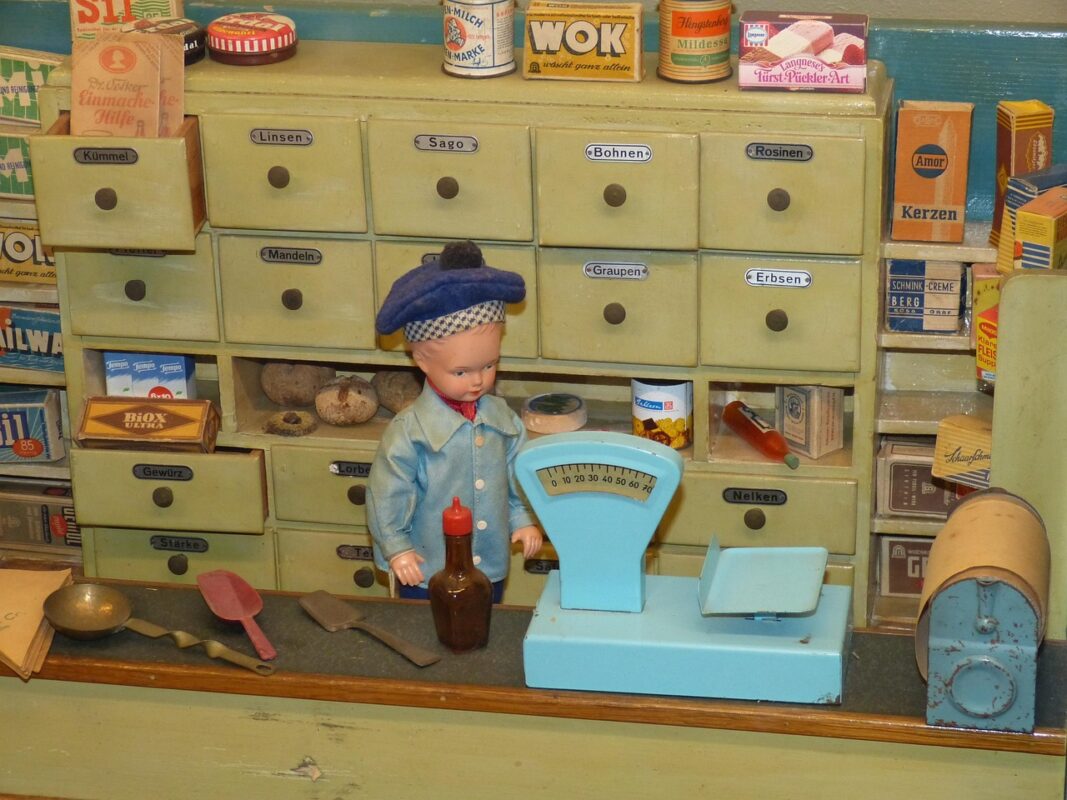 A shop interior with toys arranged on shelves